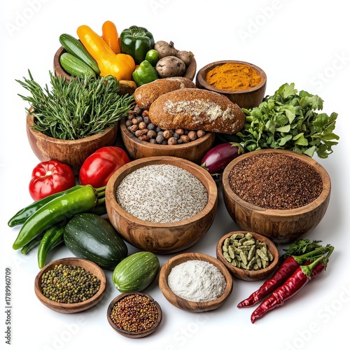 Wallpaper Mural Fresh organic vegetables herbs spices grains and seeds in wooden bowls on white background healthy cooking ingredients Torontodigital.ca
