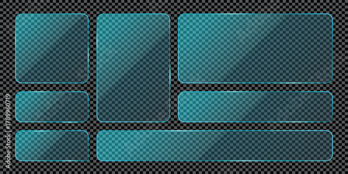 A collection of modern, glowing glass effect panels with transparent backgrounds for sleek UI design.