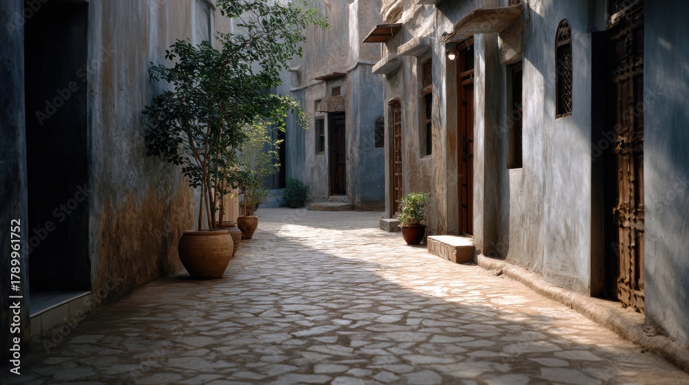 Fototapeta premium An alley in an old, small arabian city, with cobblestone streets and wooden doors on the sides of buildings, plants in pots, blue walls, and a sunny day with warm tones.
