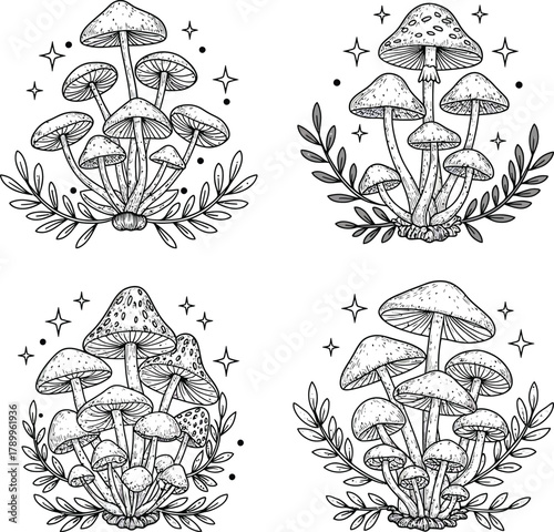Whimsical hand-drawn mushroom clusters art set