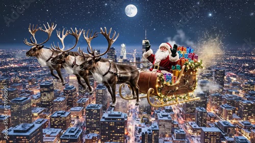 Santa Claus Reindeer Flying Over a Snowy Night City