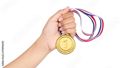 Hand Holding the Champion's Gold Medal Isolated on Transparent Background