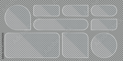Collection of transparent glass shapes for modern UI design, web layouts, app interfaces and frames. Clear.