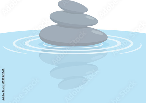 Stack of stones in water with ripples and reflection.