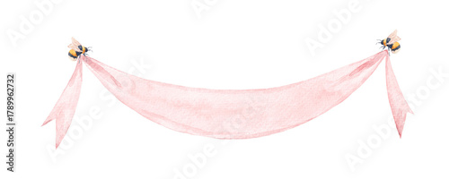 Watercolor illustration with bees holding a pink ribbon. Cute hand-painted design for wedding decor, invitations, labels, baby shower cards and spring floral compositions.