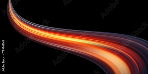 Glowing curved energy streak red orange. Abstract dynamic light wave with motion blur on black background. Futuristic technology flow, speed trail, vibrant gradient stream. Vector illustration.
