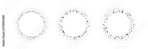 Halftone circle patterns with random dot distribution. Circular frames made of gradient dots with varying sizes and opacity on white background. Minimalist vector illustration.