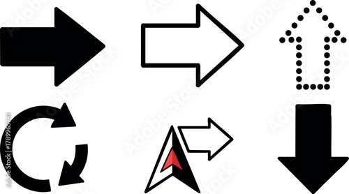 Navigation Arrow Icons Set Including Solid Outline Dotted Circular and Compass Style Arrows for Directional Use in Design