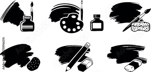 Black Ink Art Supplies Icons Set with Brush Palette Sponge for Creative Painting and Drawing Vector Illustration