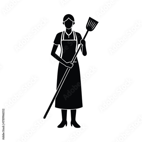 Female cleaner holding broom staff worker vector art