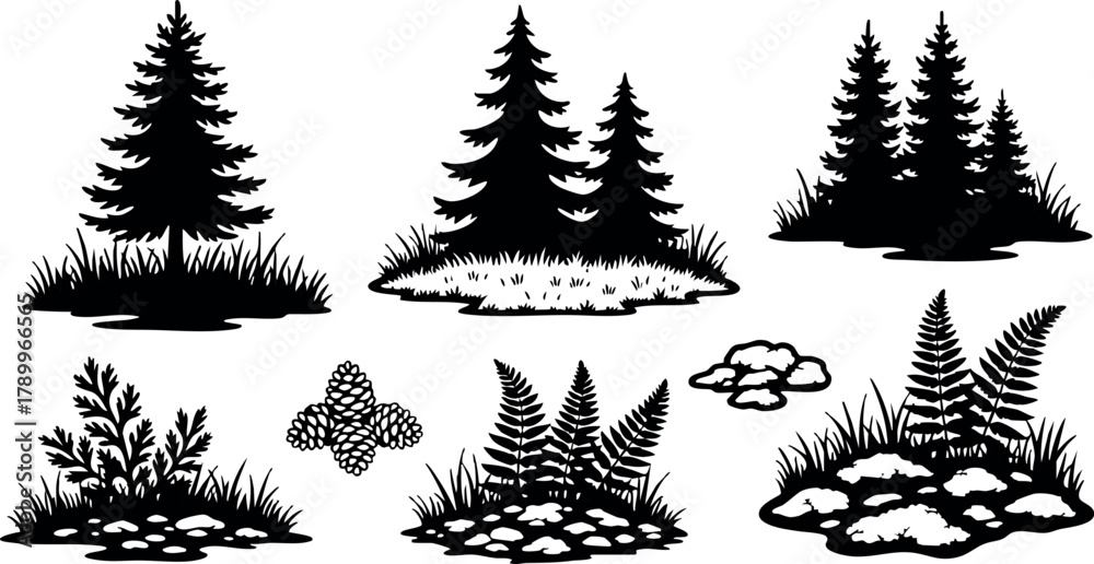 Obraz premium Pine tree silhouettes with ferns and rocks natural forest plants vector collection for design and decoration