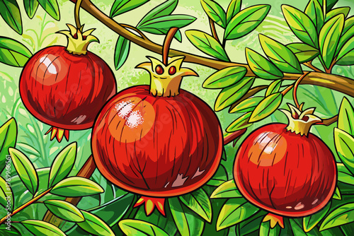 Large red pomegranates hanging on green branch with sunlight and natural texture