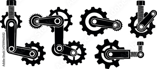 Set of black mechanical gear and spring vector elements with different lever and cogwheel designs for engineering projects