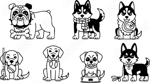 Cute cartoon dogs in various playful poses and expressions vector illustration for pet lovers and animal designs