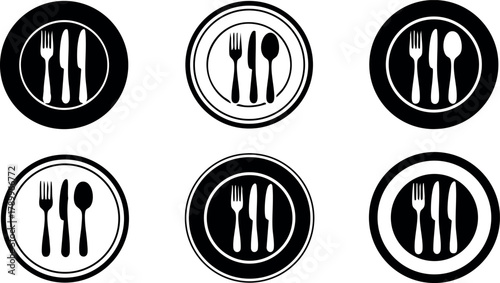Cutlery icons set featuring fork, knife, and spoon in circle design for restaurant and food service use vector illustration