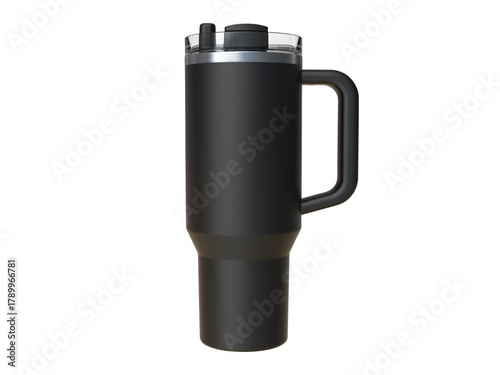Black insulated tumbler with handle and lid on white background travel mug