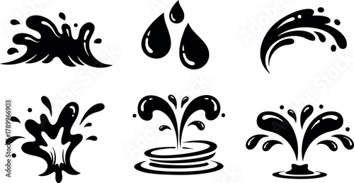 Water splash droplets and fountain design elements in black vector icons collection for creative projects