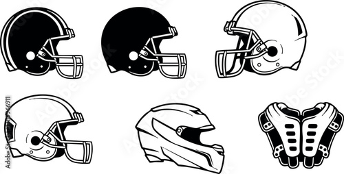 American football helmets and protective gear vector set in black and white simple style for sports safety design