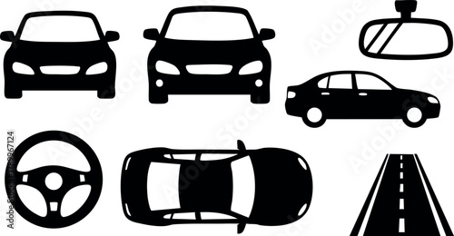 Car silhouette icons set with steering wheel and road vector illustration in black design