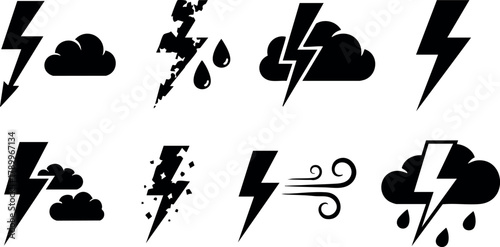 Lightning and thunderstorm weather icons vector set with clouds rain and wind symbols for meteorology design
