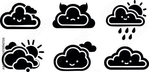 Cute cartoon clouds with weather icons including sun, rain, and devil horns in black and white vector designs