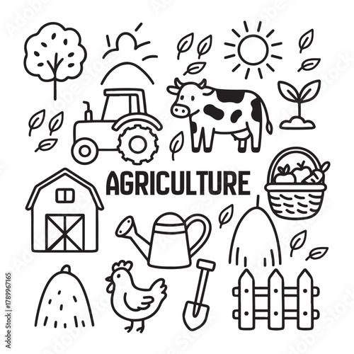 Hand drawn agriculture and farming doodle icon collection.