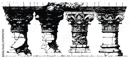 Ancient Column Capitals – Greek, Roman, Classical Architecture Ruins Vector Illustration