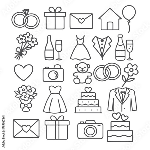 Wedding Icons: A Collection of Celebration Symbols in Outline Style.