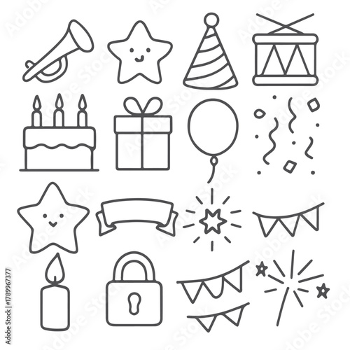 Collection of Birthday Party Icons and Symbols Line Art.
