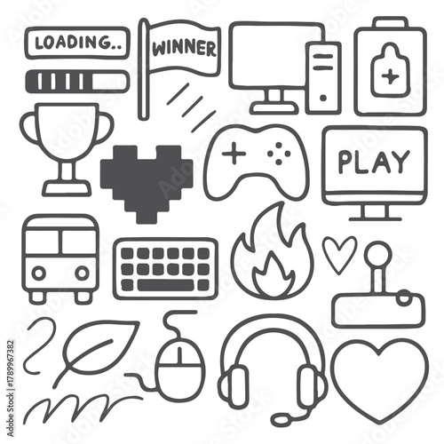 Hand drawn gaming and technology doodle icons collection.