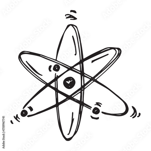 Hand drawn atom sign Molecule clipart in doodle style Single element for print, web, design, decor Symbol of science, education, nuclear energy, scientific research, molecular chemistry