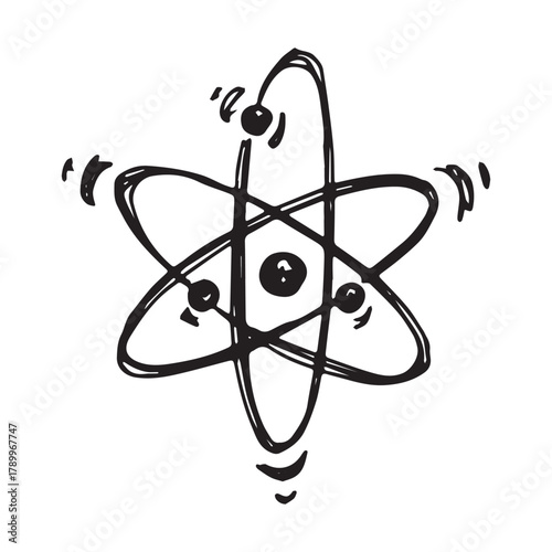 Hand drawn atom sign Molecule clipart in doodle style Single element for print, web, design, decor Symbol of science, education, nuclear energy, scientific research, molecular chemistry