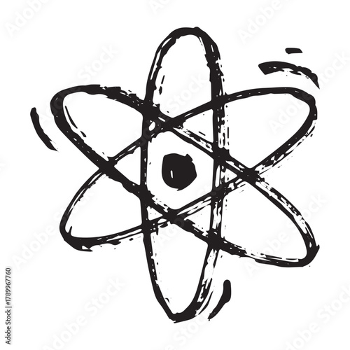 Hand drawn atom sign Molecule clipart in doodle style Single element for print, web, design, decor Symbol of science, education, nuclear energy, scientific research, molecular chemistry