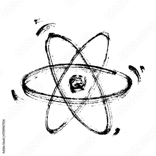 Hand drawn atom sign Molecule clipart in doodle style Single element for print, web, design, decor Symbol of science, education, nuclear energy, scientific research, molecular chemistry