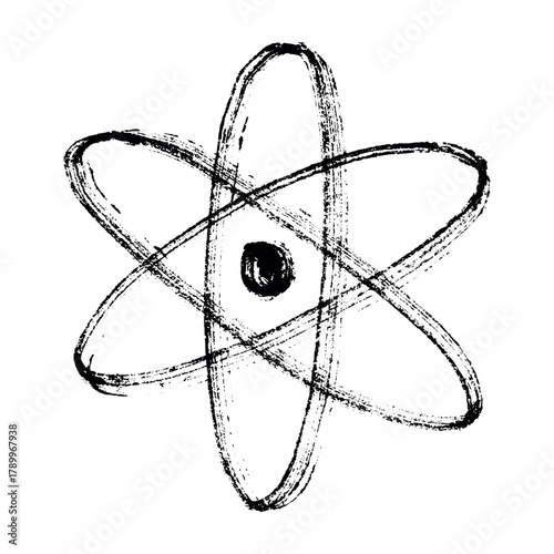 Hand drawn atom sign Molecule clipart in doodle style Single element for print, web, design, decor Symbol of science, education, nuclear energy, scientific research, molecular chemistry