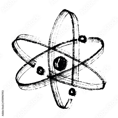 Hand drawn atom sign Molecule clipart in doodle style Single element for print, web, design, decor Symbol of science, education, nuclear energy, scientific research, molecular chemistry