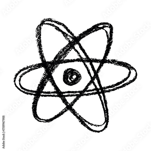 Hand drawn atom sign Molecule clipart in doodle style Single element for print, web, design, decor Symbol of science, education, nuclear energy, scientific research, molecular chemistry
