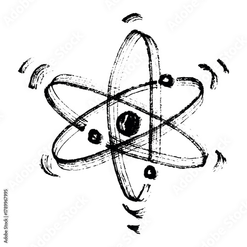 Hand drawn atom sign Molecule clipart in doodle style Single element for print, web, design, decor Symbol of science, education, nuclear energy, scientific research, molecular chemistry