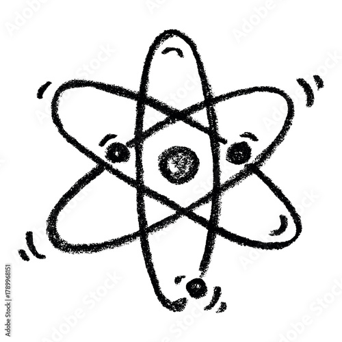 Hand drawn atom sign Molecule clipart in doodle style Single element for print, web, design, decor Symbol of science, education, nuclear energy, scientific research, molecular chemistry