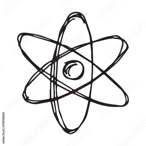 Hand drawn atom sign Molecule clipart in doodle style Single element for print, web, design, decor Symbol of science, education, nuclear energy, scientific research, molecular chemistry