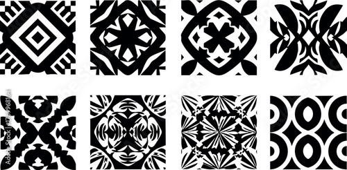 Black and white geometric pattern tiles seamless design vector set for creative backgrounds and decorations
