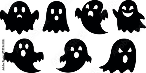 Cartoon spooky ghost characters with different expressions and shapes in black silhouette style for Halloween designs