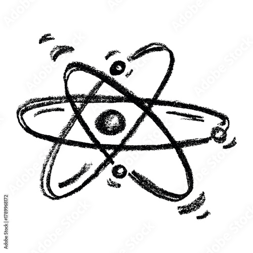 Hand drawn atom sign Molecule clipart in doodle style Single element for print, web, design, decor Symbol of science, education, nuclear energy, scientific research, molecular chemistry