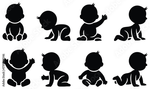 Baby Silhouette Icons – Crawling, Sitting, Playing, Infant Pose Vector Illustration