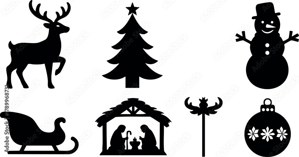 Fototapeta premium Christmas holiday icons including reindeer, tree, snowman, sleigh, nativity, candle, and ornament design vector set