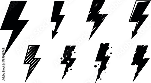 Black lightning bolt icons set with different styles and effects for energy design vector collection
