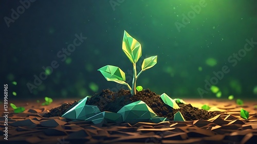 New green sprout emerging from earth with glowing light