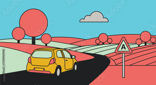 Driving through countryside on a road trip illustration concept