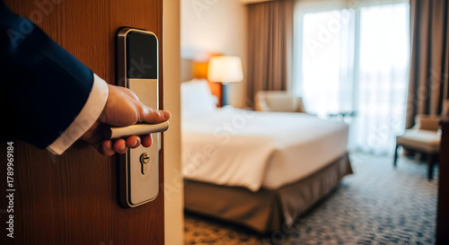 Professional Hand Opening Modern Hotel Room Door for Guest Arrival and Premium Accommodation