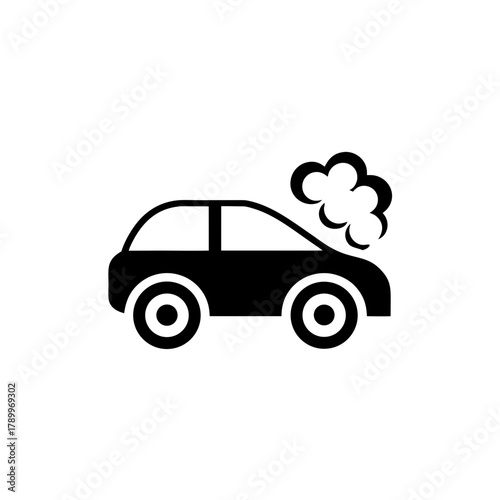Black car with smoke coming from hood on transparent background silhouette
